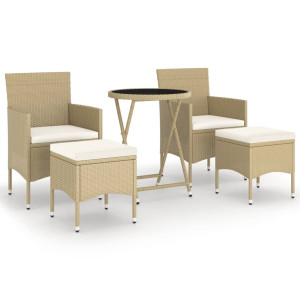 5 pcs conjunto bistrô de jardim vime PE e vidro temperado bege H