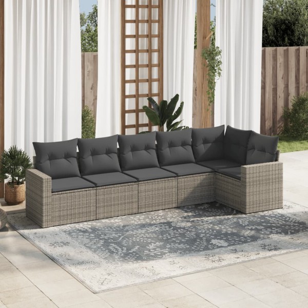 Set de muebles de jardín 6 pzas y cojines ratán sintético gris D
