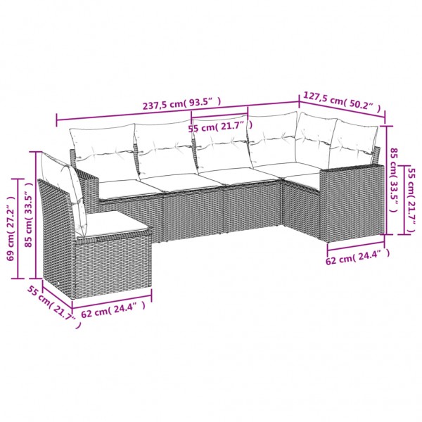 6 pcs conjunto sofás de jardim c/ almofadões vime PE preto M 3