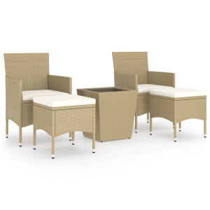 5 pcs conjunto bistrô de jardim vime PE e vidro temperado bege H