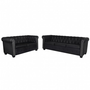 Conjunto sofás Chesterfield 2 + 3 lugares couro artific. preto H