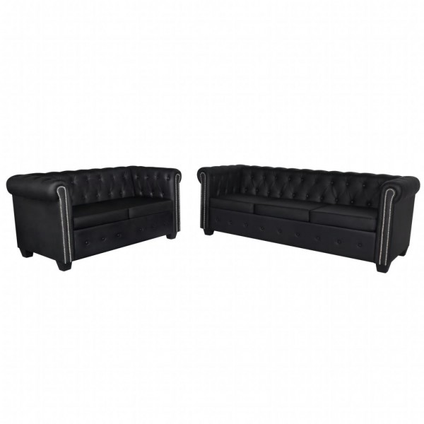 Conjunto sofás Chesterfield 2 + 3 lugares couro artific. preto M 2