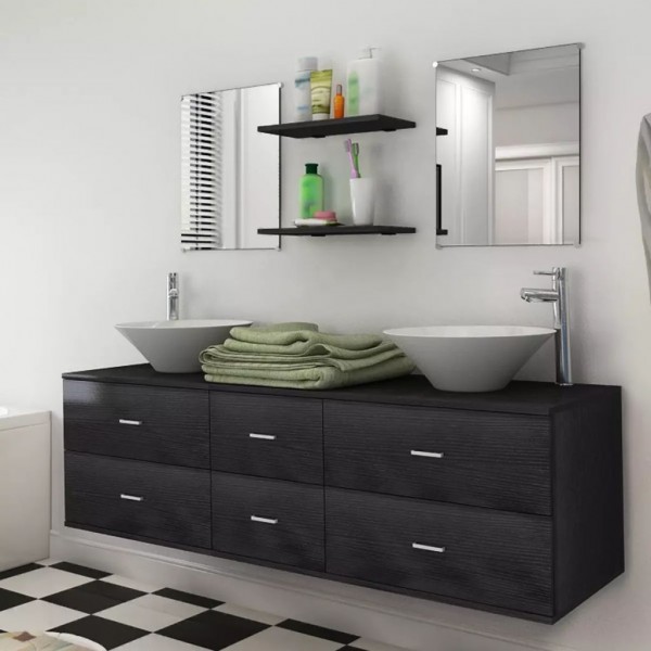 Conjunto de muebles de baño con lavabo y grifo 9 piezas negro D