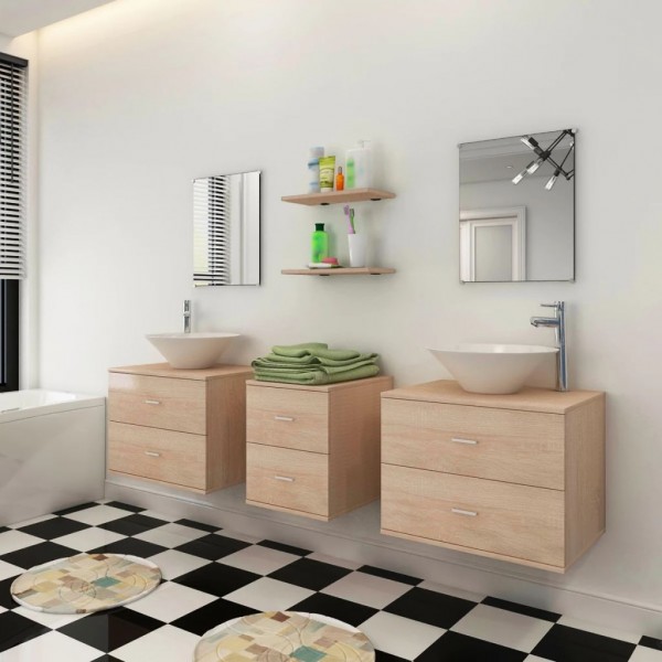 Conjunto de muebles de baño con lavabo y grifo 9 piezas beige M 3
