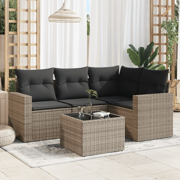 5 pcs conjunto sofás de jardim c/ almofadões vime PE cinzento D