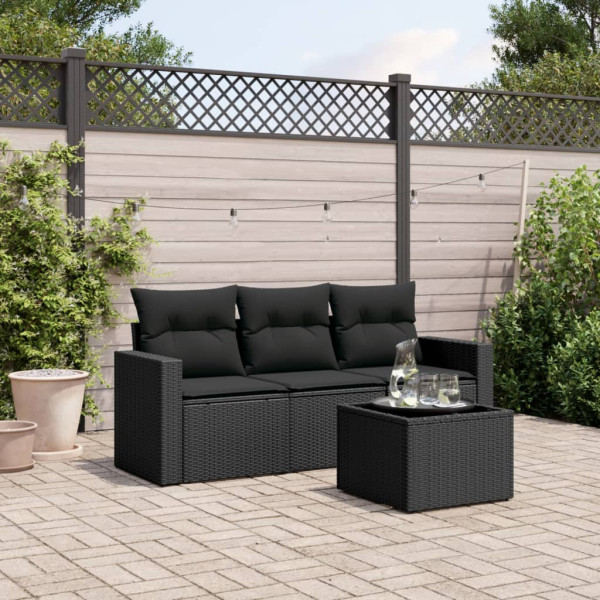4 pcs conjunto de sofás para jardim c/ almofadões vime PE preto D