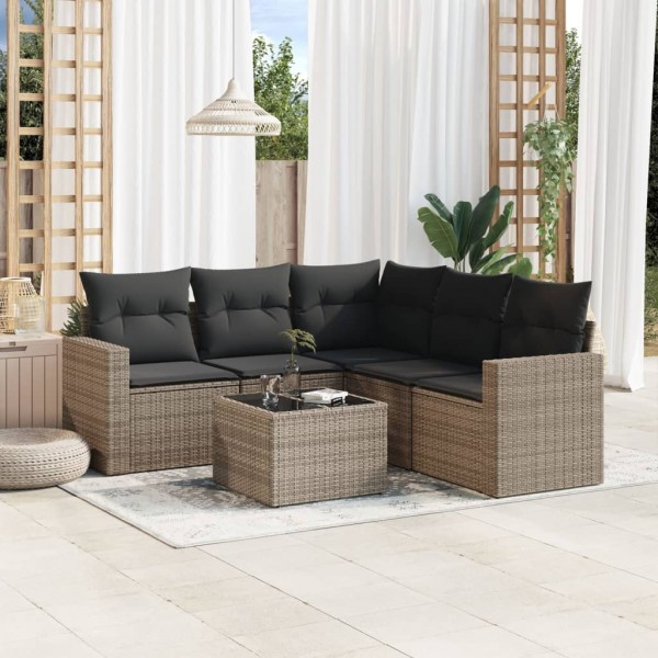 Set de muebles de jardín 6 pzas y cojines ratán sintético gris D