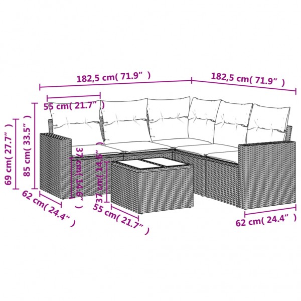 6 pcs conjunto sofás de jardim com almofadões vime cinzento M 3