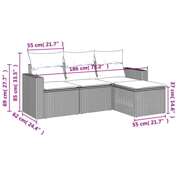 4 pcs conjunto de sofás para jardim c/ almofadões vime PE bege M 3