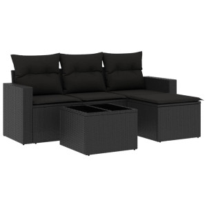 5 pcs conjunto sofás de jardim com almofadões vime PE preto H