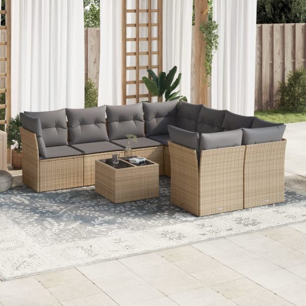 Set de sofás de jardín 9 pzas con cojines ratán sintético beige D