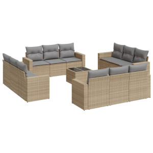 Set comedor de jardín con cojines 13 pzas ratán sintético beige H