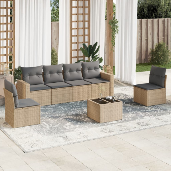 Set sofás de jardín 7 piezas y cojines ratán sintético beige D