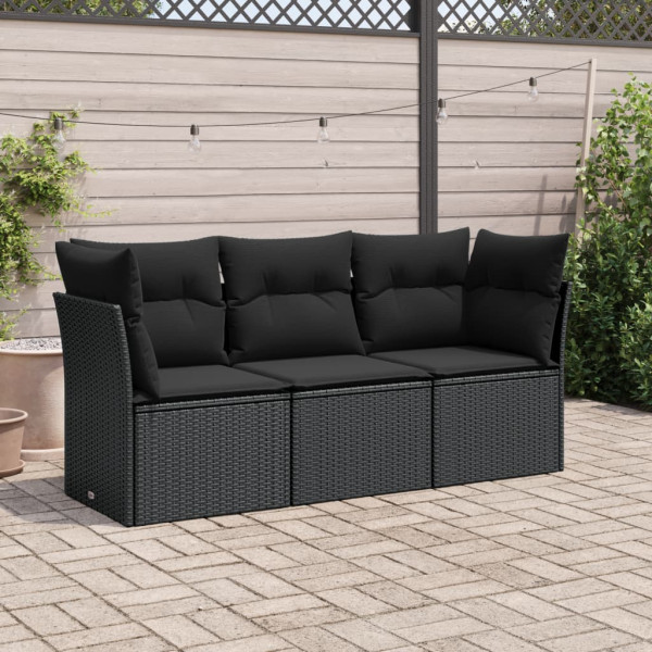 3 pcs conjunto sofás de jardim com almofadões vime PE preto D