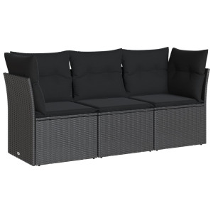 3 pcs conjunto sofás de jardim com almofadões vime PE preto H