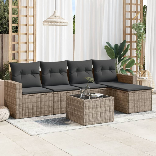 Set de muebles de jardín 6 pzas y cojines ratán sintético gris D