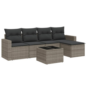Set de muebles de jardín 6 pzas y cojines ratán sintético gris H