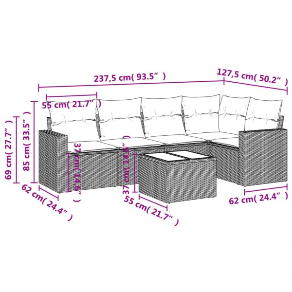 6 pcs conjunto sofás de jardim com almofadões vime cinzento M 3