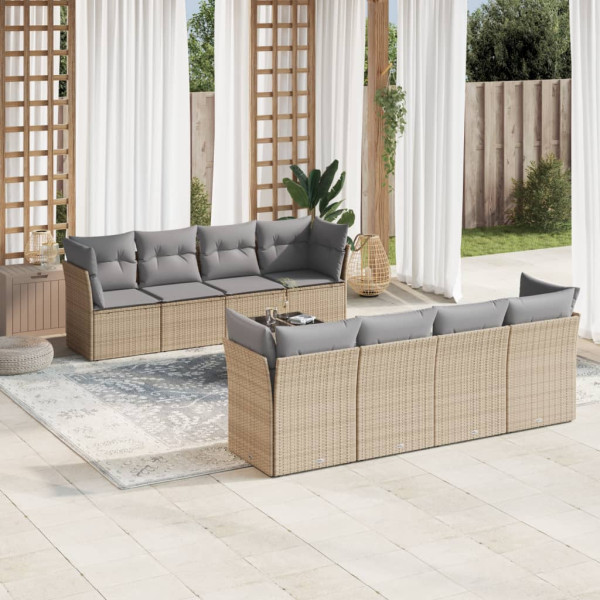 Set de sofás de jardín 9 pzas con cojines ratán sintético beige D
