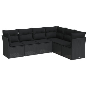 6 pcs conjunto sofás de jardim c/ almofadões vime PE preto H