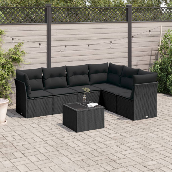 7 pcs conjunto de sofás p/ jardim c/ almofadões vime PE preto D