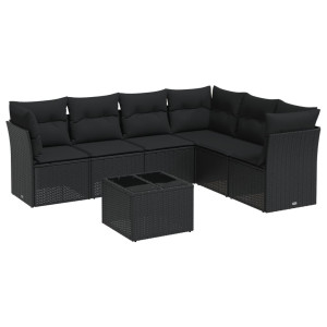7 pcs conjunto de sofás p/ jardim c/ almofadões vime PE preto H