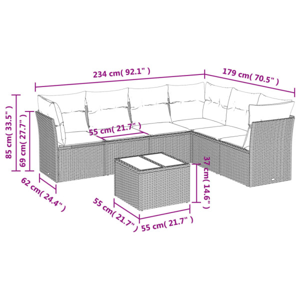 Set de comedor de jardín 7 pzas y cojines ratán sintético negro M 3