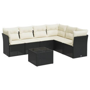 7 pcs conjunto de sofás p/ jardim c/ almofadões vime PE preto H