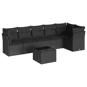 7 pcs conjunto de sofás p/ jardim c/ almofadões vime PE preto H