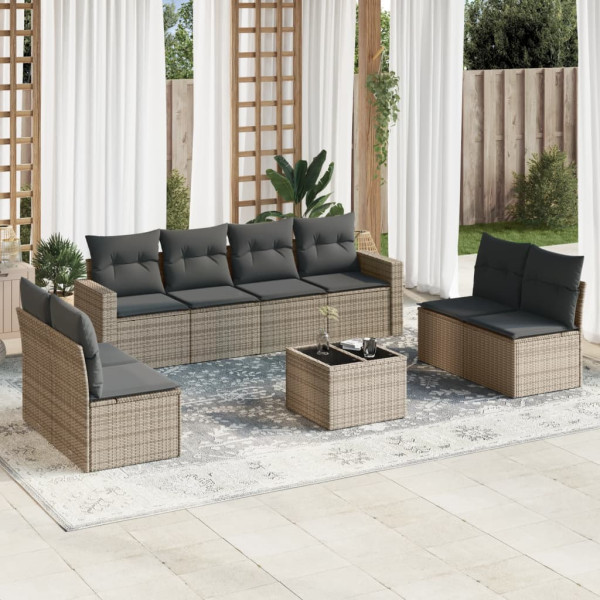 Set de sofás de jardín 9 pzas con cojines ratán sintético beige D
