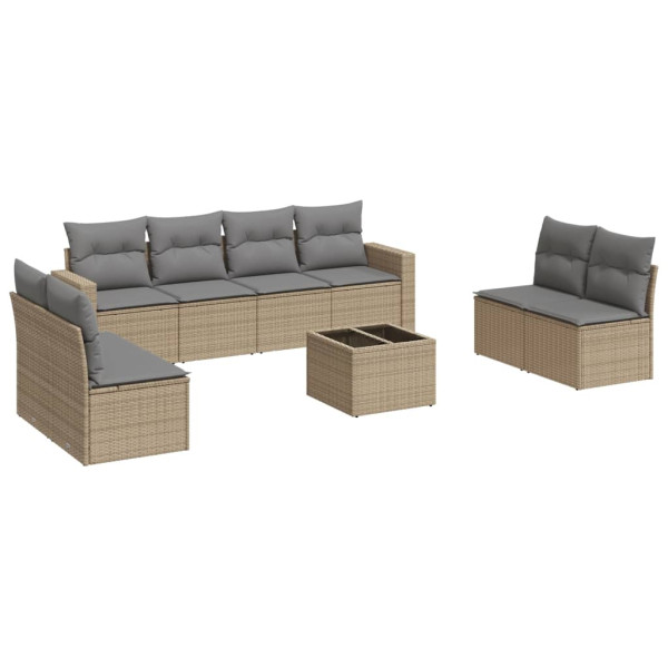 Set de sofás de jardín 9 pzas con cojines ratán sintético beige M 2