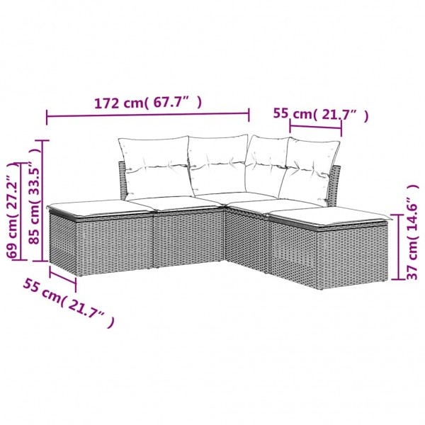 5 pcs conjunto sofás de jardim com almofadões vime PE preto M 3