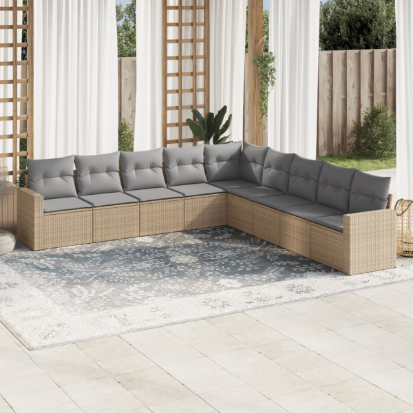 Set de sofás de jardín 9 pzas con cojines ratán sintético beige D