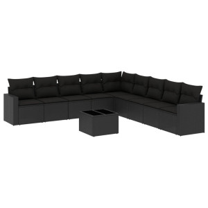 10 pcs conjunto sofás de jardim c/ almofadões vime PE preto H