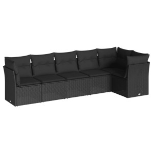 6 pcs conjunto sofás de jardim c/ almofadões vime PE preto H
