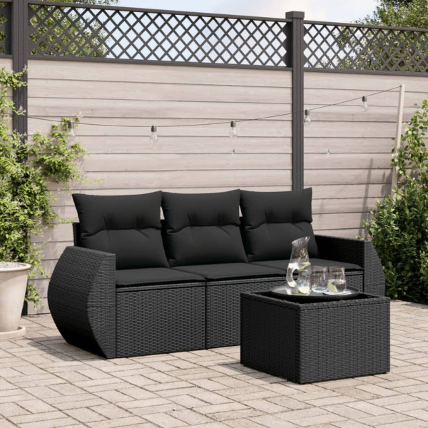 4 pcs conjunto de sofás para jardim c/ almofadões vime PE preto D