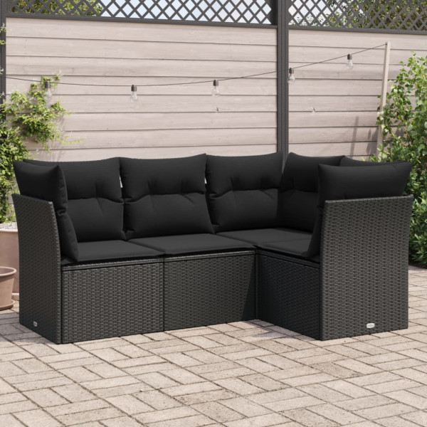 4 pcs conjunto de sofás para jardim c/ almofadões vime PE preto D