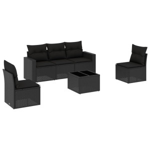 6 pcs conjunto sofás de jardim c/ almofadões vime PE preto H