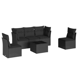 6 pcs conjunto sofás de jardim c/ almofadões vime PE preto H