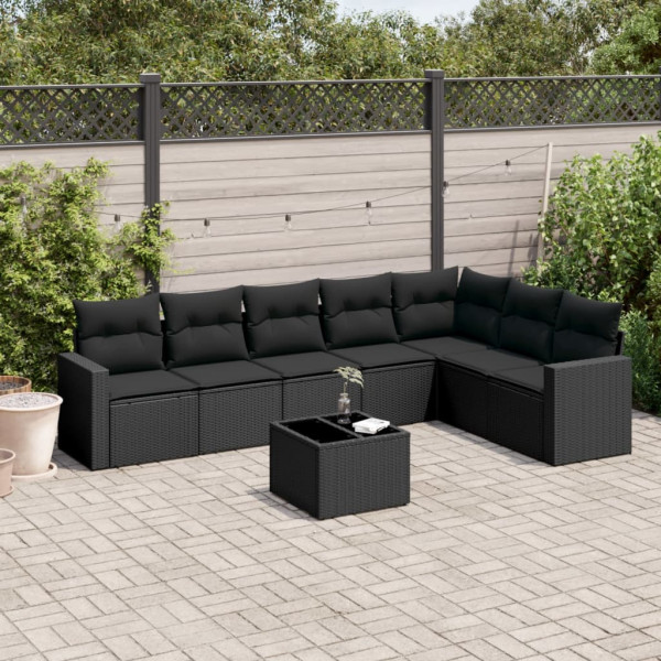 8 pcs conjunto sofás de jardim com almofadões vime PE preto D