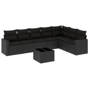 8 pcs conjunto sofás de jardim com almofadões vime PE preto H