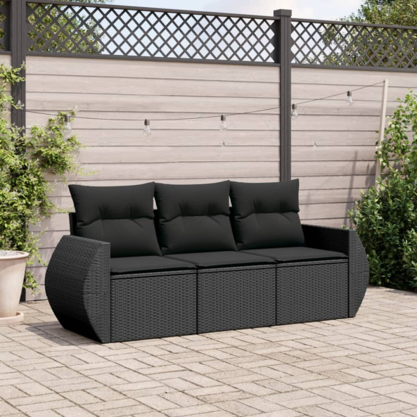 3 pcs conjunto sofás de jardim com almofadões vime PE preto D
