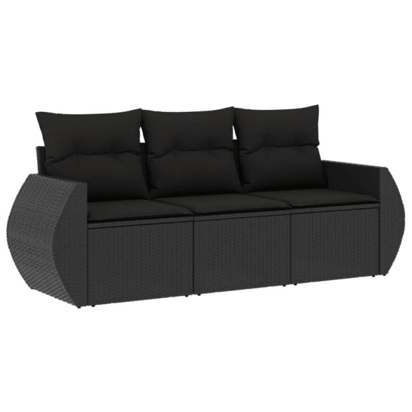 3 pcs conjunto sofás de jardim com almofadões vime PE preto M 2