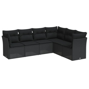 6 pcs conjunto sofás de jardim c/ almofadões vime PE preto H