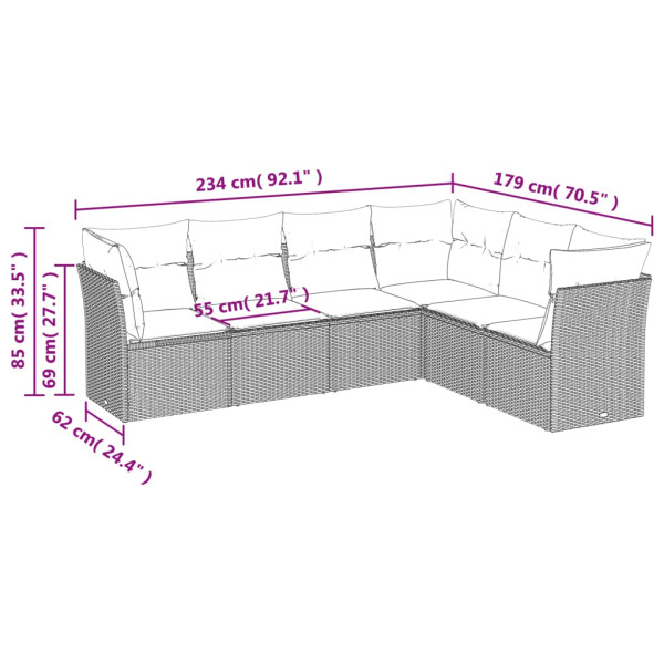 6 pcs conjunto sofás de jardim c/ almofadões vime PE preto M 3
