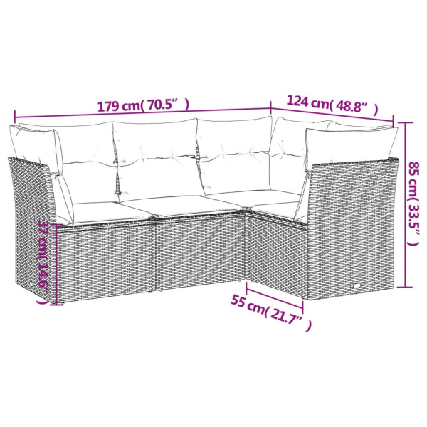 4 pcs conjunto de sofás para jardim c/ almofadões vime PE bege M 3
