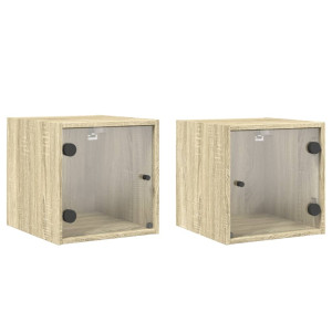 Mesitas noche con puertas vidrio 2 uds roble Sonoma 35x37x35 cm H