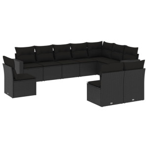 10 pcs conjunto sofás de jardim c/ almofadões vime PE preto H