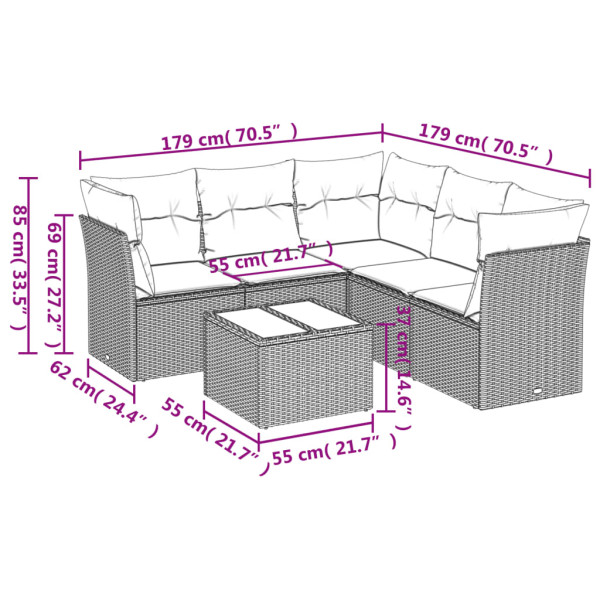 6 pcs conjunto sofás de jardim c/ almofadões vime PE preto M 3