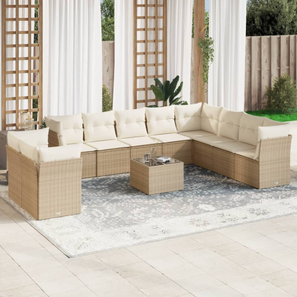 Set de sofás de jardín 11pzas con cojines ratán sintético beige D
